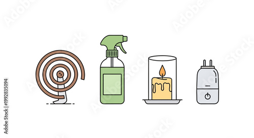 Conceptual flat lay illustration for World Malaria Day depicting mosquito prevention campaign methods, including a mosquito coil, spray bottle, citronella candle, and electric diffuser