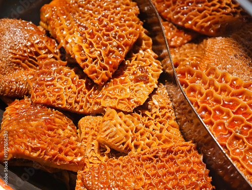 close-up of honeycomb tripe with textures