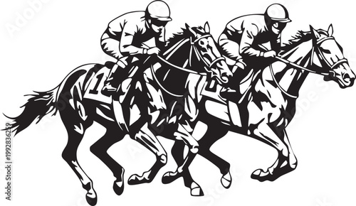 Horses racing at full speed with jockeys riding