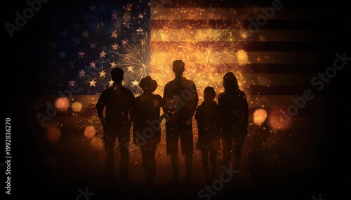4th of July celebration background with family silhouette fireworks and American flag