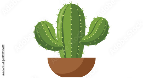 Cheerful illustration of a three armed green cactus planted in a brown terracotta pot against a white background.