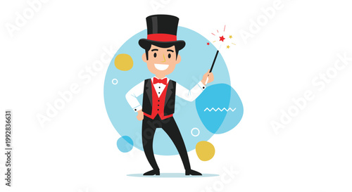 Happy magician character wearing a top hat and tuxedo holding a magic wand while performing on a blue background.