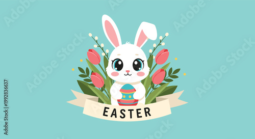 Cute white bunny rabbit character holding a decorated easter egg surrounded by pink tulips on a soft blue background.