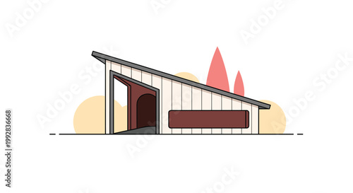 Small modern architectural structure with a slanted roof and large glass door set in a stylized outdoor landscape.