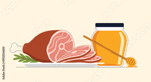 Festive holiday meal featuring a large glazed ham on a platter next to a glass jar of golden honey with a dipper.
