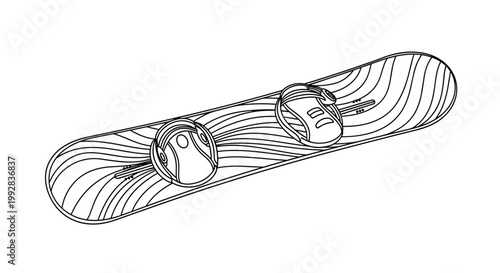 Professional line art illustration of a snowboard with detailed bindings and a wavy pattern for coloring books.