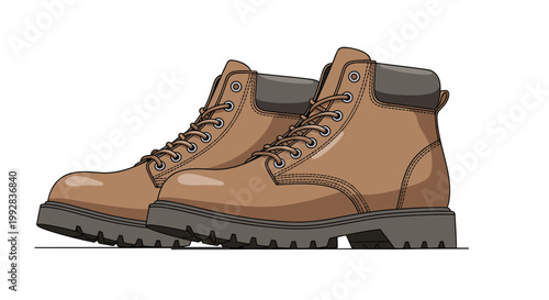 Durable pair of brown leather work boots with black soles and laces suitable for construction and outdoor activities.