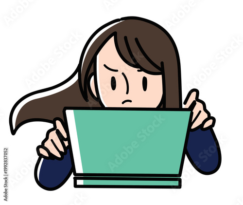 Upper body illustration of a serious young female student typing furiously on a laptop computer