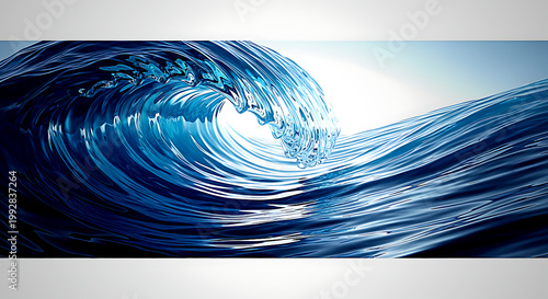 Majestic blue ocean wave curling dynamically with sunlight reflecting on its surface in a serene natural environment