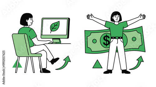 Vector graphic illustration of Earning money online, financial freedom, green illustration Vector