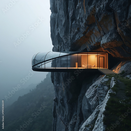 Futuristic cliffside pod house built into rocky mountain face, modern architecture with glowing interior at dusk