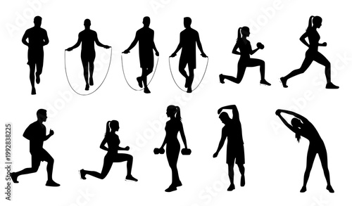 Workout silhouette set men women fitness poses front side view black vector art