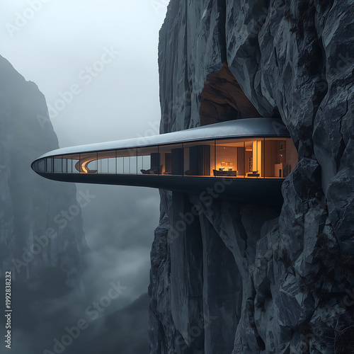 Futuristic cliffside pod house built into rocky mountain face, modern architecture with glowing interior at dusk