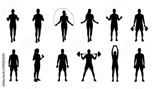 Gym fitness people silhouette set with running jump rope and weightlifting vector collection