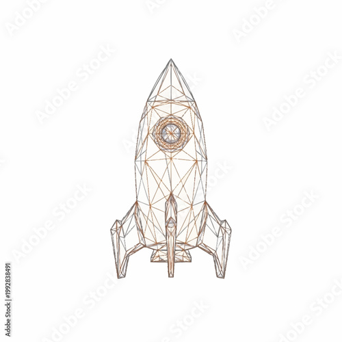 Geometric wireframe rocket ship illustration with clock detail.