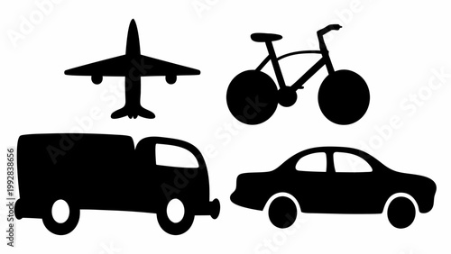 Diverse black silhouette icons representing various modes of transportation including an airplane bicycle truck and car isolated on a clean white background perfect for web