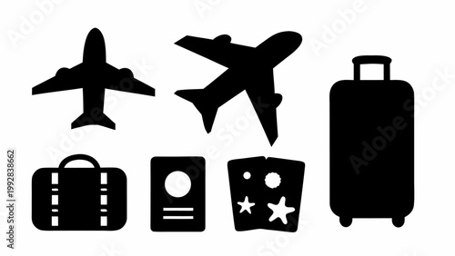 Collection of black silhouette travel icons including airplanes luggage passport and map representing journey vacation and global exploration on a clean white background perfect