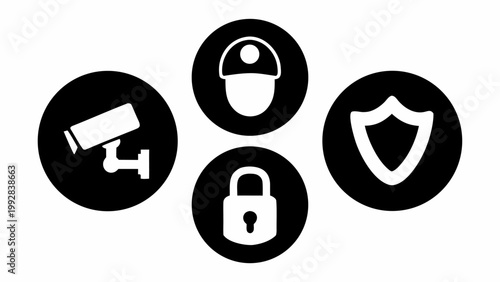 Collection of monochrome security icons representing surveillance camera guard helmet padlock and shield symbol isolated on a clean white background conveying protection