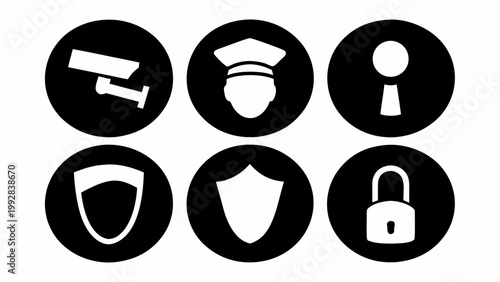 Collection of modern black and white security icons including cctv camera guard keyhole shield and padlock representing surveillance protection and safety concepts in a clean
