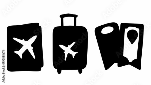 Collection of black silhouette travel icons including an airplane on a passport a wheeled suitcase and a boarding pass with a map pin symbolizing journey and adventure on a clean
