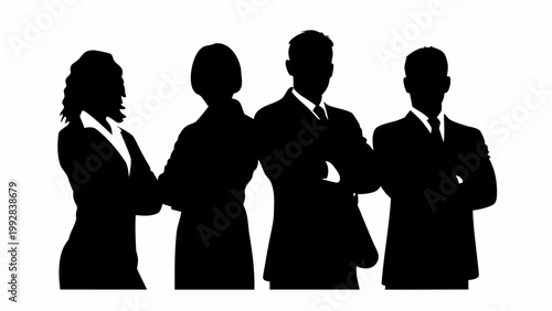 Diverse business team in professional attire standing confidently together with arms crossed representing unity collaboration and success in a clean minimalist silhouette