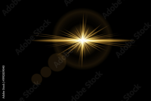 Dramatic golden light effect starburst flare with lens reflections for stunning visuals and graphic design