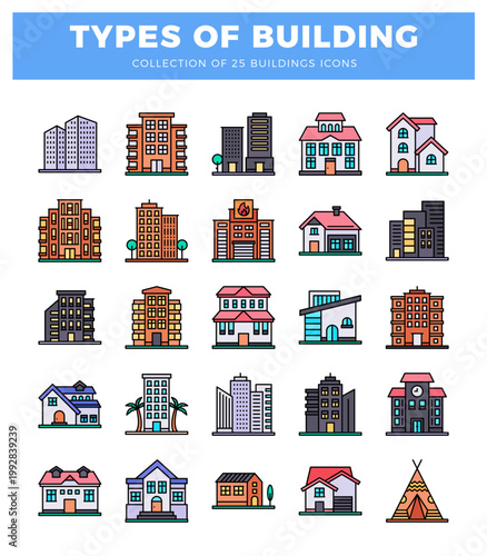 Various building icons with different architectural styles and purposes on a white background. building icons. flat design.