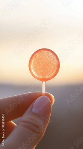 Hand Holding a Glossy Orange Lollipop Outdoors