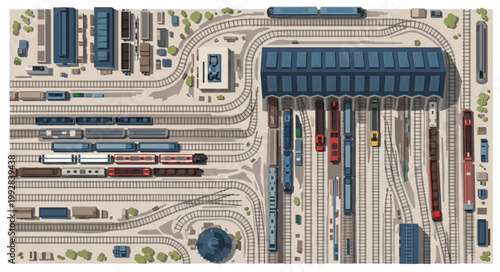 Vintage illustration of a busy train station with many tracks and trains.