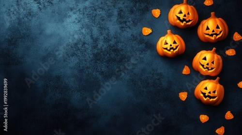 Halloween Pumpkins and Caramel Sweets on Dark Textured Surface