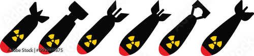 Collection of atomic bomb icons with radiation symbol representing nuclear threat and war concept isolated on white background
