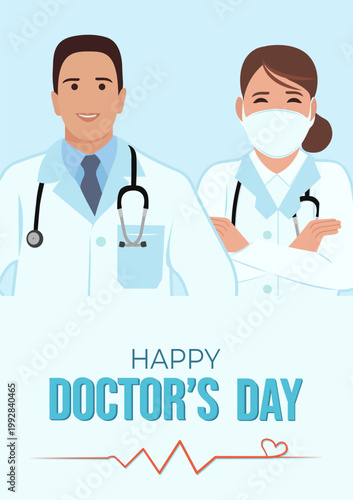 Happy Doctor's Day greeting card design with male and female doctors. Vector illustration.
