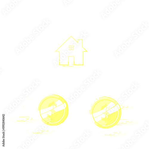 Abstract concept of housing restriction. Yellow line art house icon with no entry symbols, representing property access limitations.