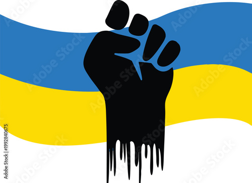 Black raised fist symbol with dripping effect on Ukrainian flag background representing protest solidarity and resistance