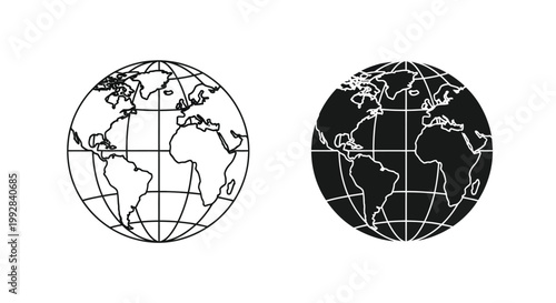 Two depictions of planet earth are shown in black and white one with visible grid lines and the other solid