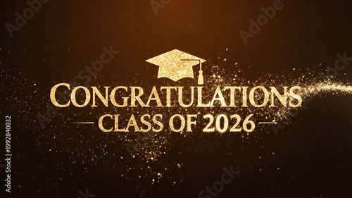 Animated congratulations video celebrating graduation milestones for the class of 2026 with dazzling golden sparkles and festive