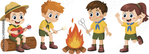 Camping scout group of happy children playing music roasting marshmallows by campfire outdoor forest.