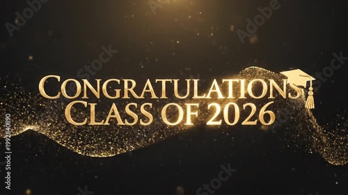 Dynamic celebration of graduation with sparkling gold confetti and congratulatory messages for the graduating class of 2026
