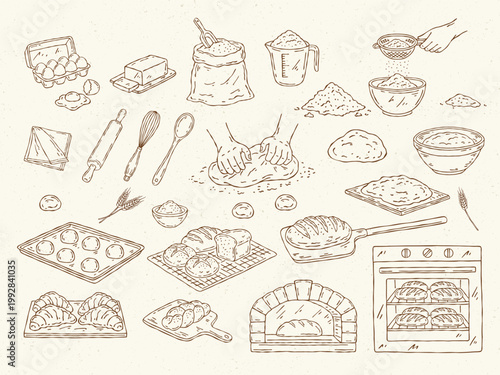 Bakery baking process line art doodle vector set featuring dough in bowl, kneading hands, flour sifting, eggs, ingredients, tools, shaping dough, baking trays, oven and finished bread in outline style