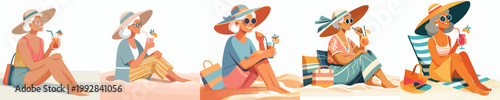 vector of a grandma relaxing on the beach enjoying the summer side view