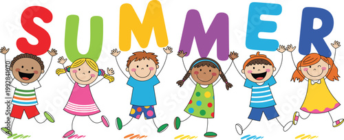 Diverse group of happy children jumping celebrating summer vacation fun day.