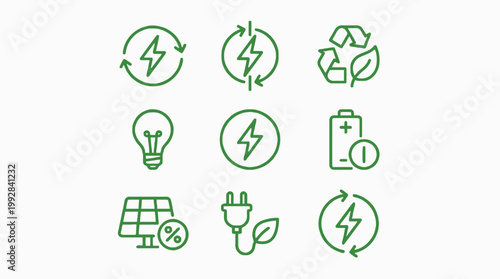 Vector graphic illustration of Eco friendly energy icons set, green line style, sustainable power symbols for ecology and renewable energy concepts Vector