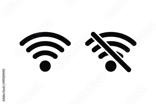 Wireless network signal icons representing connected and disconnected status with black wifi symbols isolated on transparent grid.