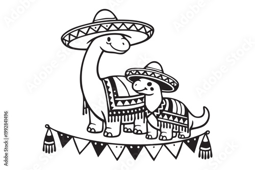 Dinosaur duo celebrating with mexican hats and festive bunting