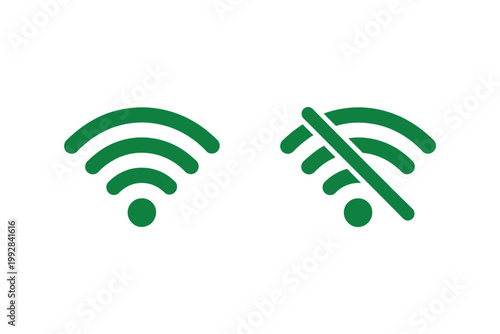 Green wifi connection and no signal icons showing internet availability status isolated on transparent background for web design.