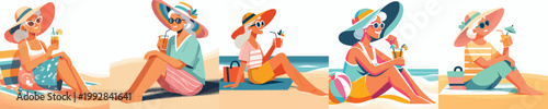 vector of a grandma relaxing on the beach enjoying the summer side view