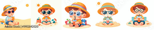 vector of a little boy relaxing on the beach enjoying the summer