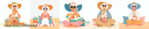 vector of a grandma relaxing on the beach enjoying the summer