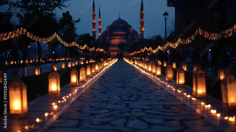 Naklejka premium Lantern-lit path leading to mosque during Eid evening