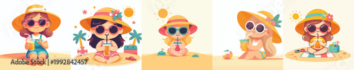 vector of a little girl relaxing on the beach enjoying the summer